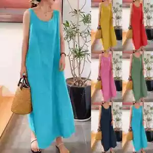 Womens Plain Cotton Linen Sleeveless Dress Ladies Casual Crew Neck Maxi Sundress - Picture 1 of 12