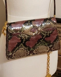 Judith Leiber Snakeskin Clutch Shoulder Bag Cross Body Purple Green Black 5x9" - Picture 1 of 24