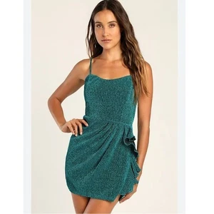 Lulus Minikleid grün Glitzer Glitzer Gr. M Style ED1772A geraffter Rüschensaum - Bild 1 von 11