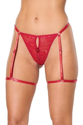 Tanga coqueta sexy de encaje con ligas panty rojo Foto 1 de 4