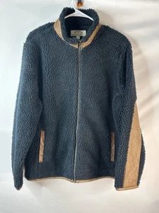Chaqueta Orvis Stowe Para Hombres XL Azul Marino Pila Alta Sherpa Cremallera Completa Borde de Cuero - Imagen 1 de 8