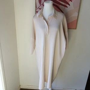 COS L Large Creme Fine Knit Shirtdress Polo Collared Midi Dress Office Casual - Picture 1 of 6
