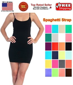 Women Camisole Cami Long Bodycon TOP Plain Spaghetti Strap SLIP Mini DRESS - Picture 1 of 42