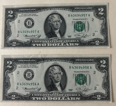 Lot of 2 Consecutive 1976 $2 Bills: B 43694956 A, B 42694857 A  Good Condition - Image 1 of 4