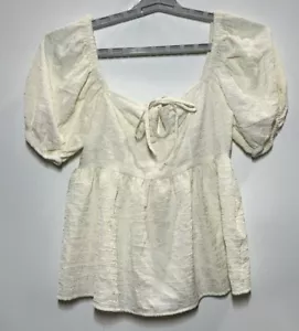 Women's Square Tie Neck Puffed Short Sleeve Top - Future Collective Cream L - Picture 1 of 5