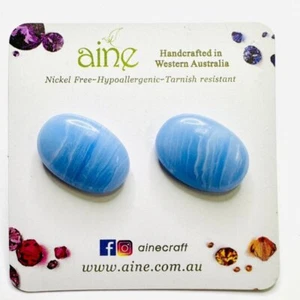 925 Sterling Silver Stud Earrings Oval shape Crystals Gemstone Blue Lace Agate - Picture 1 of 1