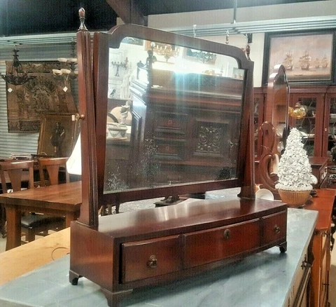 Antique English Mahogany Shaving Dressing Mirror Edwardian Drawer Stand Alone Cover