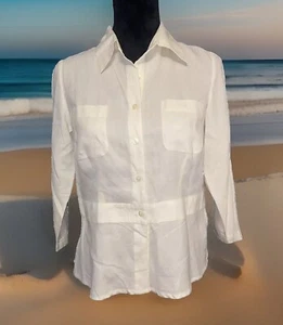 100% silk Kim ROGERS Women’s Blouse Quarter Length Sleeves. Sz PM Ivory Button - Picture 1 of 11