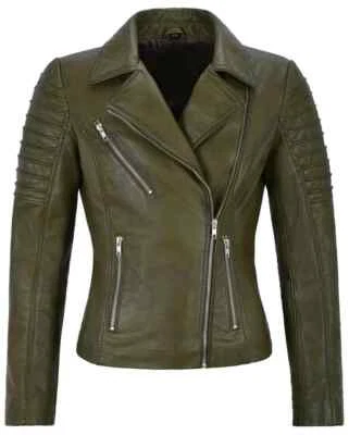 Nueva chaqueta de piel de cordero para mujer elegante nueva verde oliva cuero real hecha a mano Foto 1 de 4