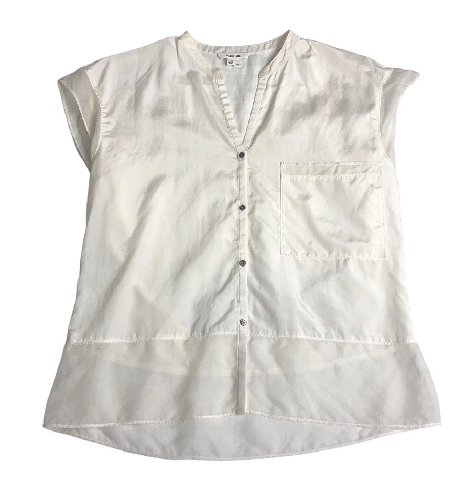 Helmut Lang Top Womens S Cream Sheer Cap Sleeve Button Pocket Split Neck Pocket - Image 1 of 4