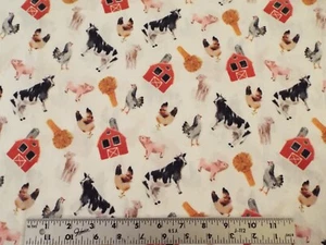 34" WINDHAM FABRICS "SILO" COW-PIG-BARN-HEN TOSS ON WHITE FABRIC-PATT #50607 ** - Picture 1 of 6