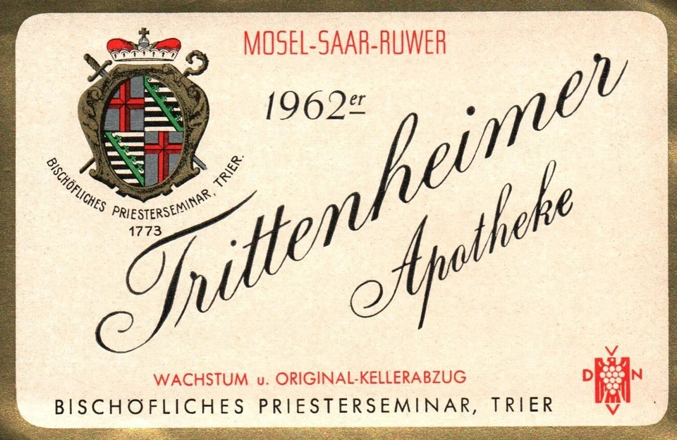 Lovely German Wine Label 1960s 1962er Trittenheimer Apotheke  Mosel Saar Ruwer - Image 1 of 1