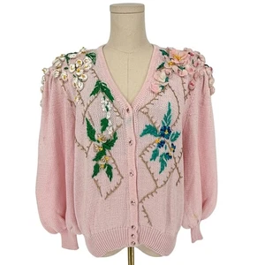 1980s Vintage Floral Hand Embroidered Granny Chunky Cardigan Sweater Pastel Pink - Foto 1 di 12