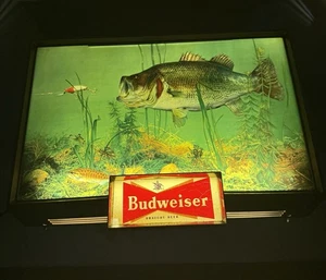 Insegna pubblicitaria vintage anni 50 BUDWEISER LIGHT-UP LARGEMOUTH BASS funzionante. Rara Clr - Foto 1 di 22