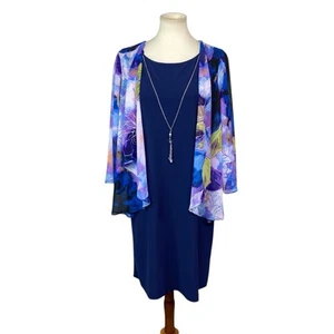Dana Buchman Womana Floral Dress Size L Blue Attached Necklace  - Picture 1 of 7