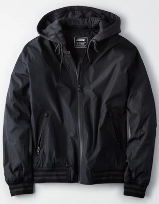 Men's American Eagle AEO Fleece Hooded Bomber Jacket Large Black - New - Image 1 of 4