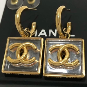 CHANEL CC Logos Clear Lucite Square Hoop Earrings Gold Tone B23S Auth w/Box #198 - Picture 1 of 10