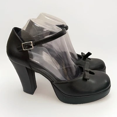 Vintage 90s Y2K Bongo Black Bow Platform Chunky Heels Shoes Mary Jane Rockabilly - Image 1 of 4