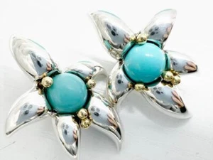 Tiffany & Co Vintage Sterling Silver 18k Gold Turquoise Flower Starfish Earrings - Picture 1 of 14
