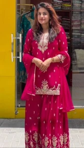 Designer Heavy Chinon Silk Red Palazzo Suit With Dupatta For Indian Reception - Picture 1 of 9