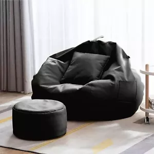 New Bean Bag Cover with Footrest Faux Leather XXXL Size black Without Beans - Picture 1 of 7