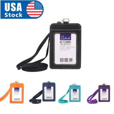 ID Badge Card Holder Pu Leather Vertical Clip Neck Strap Lanyard Necklace Case - Image 1 of 4