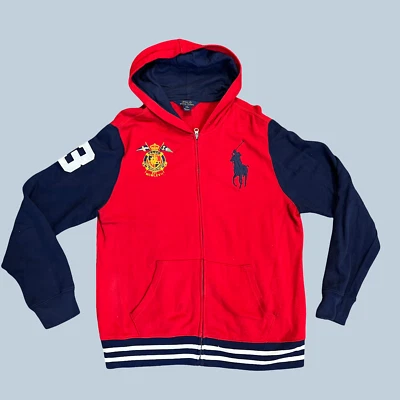 Polo Ralph Lauren com zíper vermelho azul aberto troféu regata RLYC 5 juvenil GG falha - Imagem 1 de 4