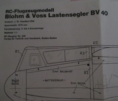 RC-Flugzeug Motormodell Bauplan " BLOHM & VOSS Lastensegler BV 40 " - Bild 1 von 3