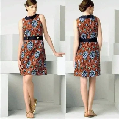 Платье цельнокроеное Tory Burch Melanie темно-синее, оранжевое и зеленое с цветочным рисунком, размер 4 - Изображение 1 из 4