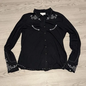 VTG Panhandle Slim Shirt Womens M Black /Gray Western Pearl Snap Embroidered NUC - Picture 1 of 4