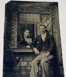 Rare Antique Victorian American Couple Window Woman & Dapper Man Tintype Photo! - Picture 1 of 4