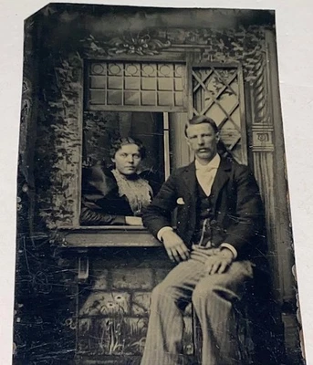 Rare Antique Victorian American Couple Window Woman & Dapper Man Tintype Photo! - Image 1 of 4