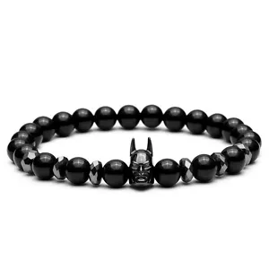 Hot Men 8mm Black Batman Bracelet Black Natural Onyx Round Male Bead Bracelets - Picture 1 of 5