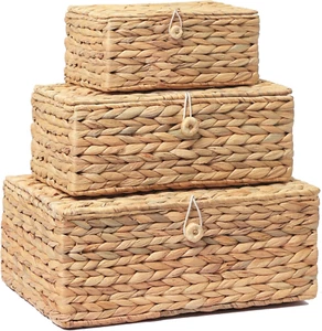 Set of 3 Wicker Storage Baskets with Lid, Rectangular Rattan Basket Decorative - Picture 1 of 12