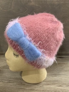 Handarbeit Mädchen Mauve Rosa Blau Kombi Flauschig Strick Hut Filz Schleife 4-7 Jahre Barbie - Bild 1 von 7