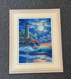 FRAMED COMPLETED CROSS STITCH: LIGHTHOUSE MOONLIGHT: 60 x 50cm - Picture 1 of 1