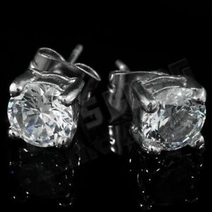 18k White Gold Plated Stainless Steel Stud Earrings Out Iced Round Clear CZ NEW