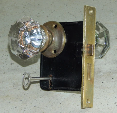 Vintage Antique Mortise Lock Set 8 Point Glass Door Knobs & Germany Skeleton Key Cover