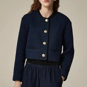 J Crew Tweed Bomber Lady Jacket Navy Blue Black Trim Cropped Size 4 - Picture 1 of 5