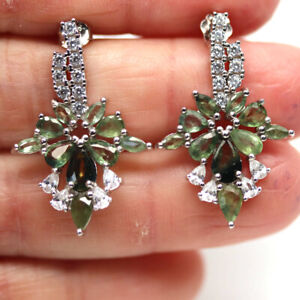NATURAL HEATED GREEN SAPPHIRE & WHITE CZ 925 STERLING SILVER EARRINGS 
