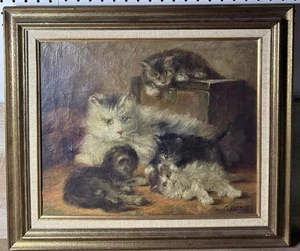Antique European M. Durant Oil On Canvas Mother And Kittens Framed Signed - Picture 1 of 14