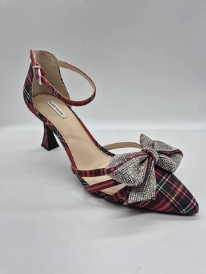 Zapatos de salón Alex Marie para mujer talla 7 a cuadros estrás lazo correa al tobillo rojo (320) Foto 1 de 4