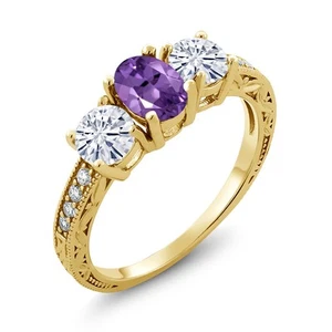18K Yellow Gold Plated Silver 3-Stone Ring Amethyst Moissanite 1.87ct - Picture 1 of 4