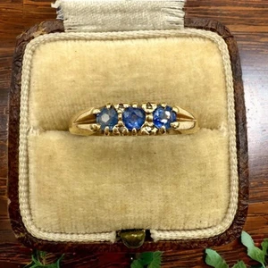 Vintage Solid 9k Yellow Gold Sapphire and Diamond Ring, Size 7.75 - Picture 1 of 8