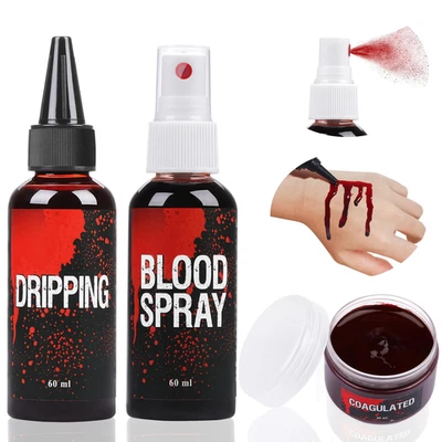 PTESUPLY Kunstblut Set, 60Ml Kunstblut Spray Und 60Ml Tropfendes Kunstblut Und 40Ml Wunds