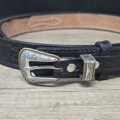 Cinturón vaquero vaquera de piel de toro hebilla occidental negro talla 60 cuero real EE. UU. Foto 1 de 4