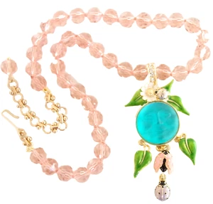 SIGNED KIRKS FOLLY BLUE SEAVIEW MOON LADYBUG DANGLES PINK CRYSTAL BEAD NECKLACE - Picture 1 of 21