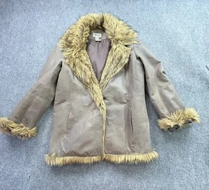 VTG Newport News Leather Coat Women XL Faux Fur Trim Penny Lane Y2K Easy Style - Picture 1 of 13