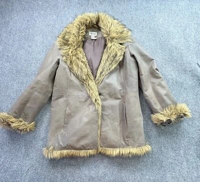 VTG Newport News Leather Coat Women XL Faux Fur Trim Penny Lane Y2K Easy Style - Image 1 of 4