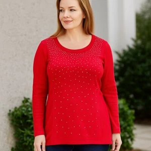 Style & Co Red Rhinestone Embellished Long Sleeve Tunic Top Festive Holiday - Picture 1 of 5
